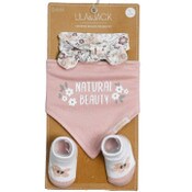 Wholesale - 3 Piece Pink and Floral with "Natural Beauty" Set: Headband, Bandana Bib and Pair of Socks C/P 36, UPC: 195010086110